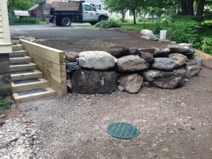 Retaining wall, wood stair project